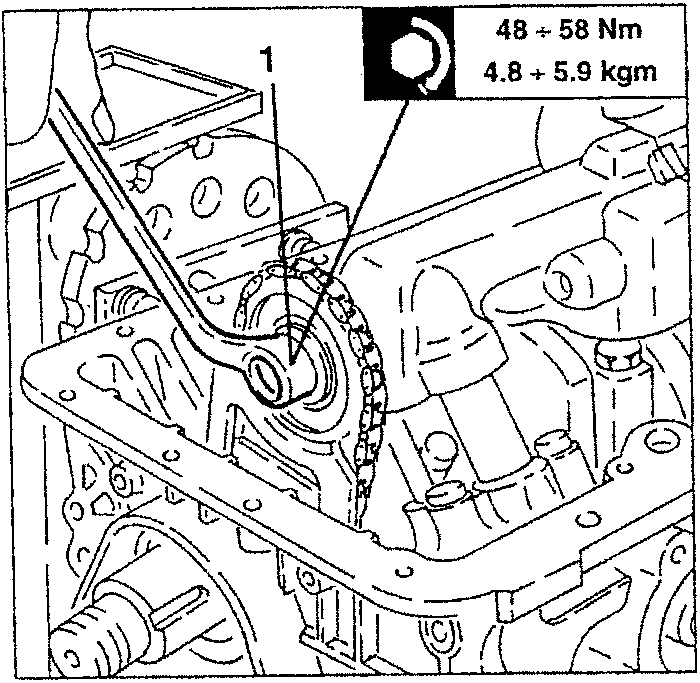 Illustration showing a flywheel stopper tool being used to slacken a screw on an oil pump drive gear. Torque specification is shown: 48 ÷ 58 Nm, 4.8 ÷ 5.9 kgm.