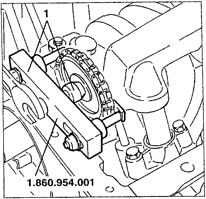 Illustration showing a tool (numbered 1.860.954.001) being used to remove a drive gear from an oil pump spindle.