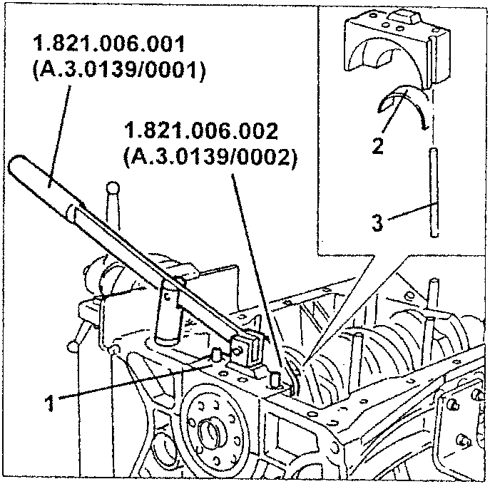 Diagram showing lever and fork being used to remove rear main bearing with numbered parts
