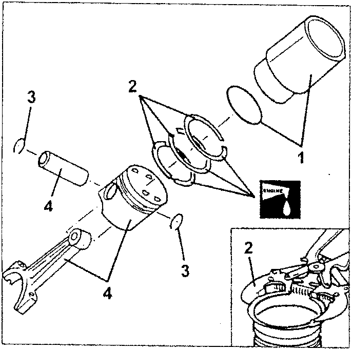 Diagram showing piston, connecting rod, cylinder liner, O-ring, gas rings, oil scraper, and pin snap rings with numbered parts