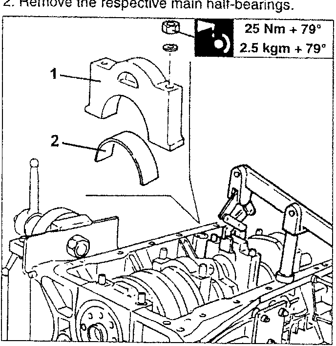 Diagram showing crankshaft, main bearings, and half-bearings with numbered parts