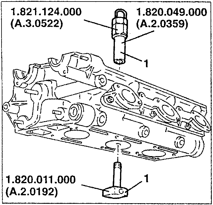 Diagram showing valve assembly tools: tool 1.820.011.000 (A.2.0192), special nut 1.820.049.000 (A.2.0359), and support 1.821.124.000 (A.3.0522)
