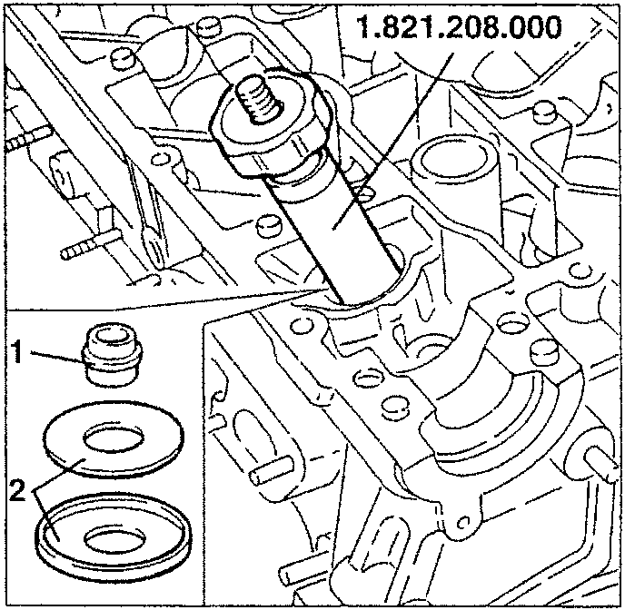 Diagram showing puller tool 1.821.208.000 removing valve guide oil seal caps