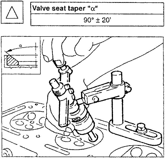 Valve seat taper "α" with angle 90° ± 20' shown in diagram