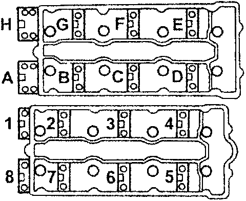 Camshaft cap layout for RIGHT HEAD and LEFT HEAD with numbered positions