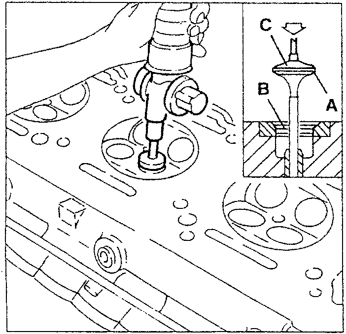 Grinding valve with tool, showing parts A, B, C