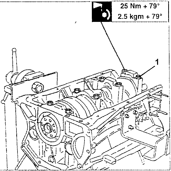 Diagram showing crankshaft installation with numbered part 1 and torque specification box