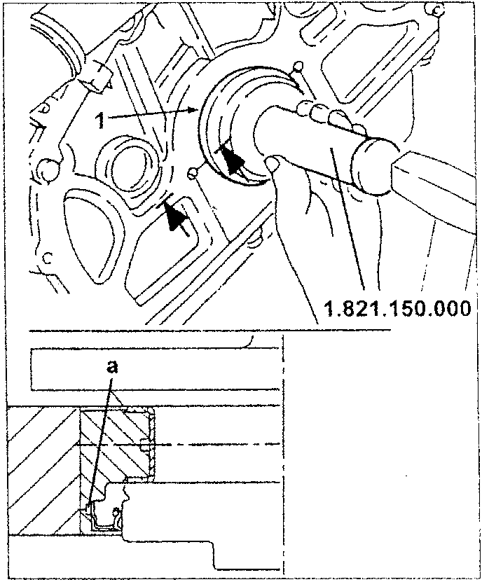 Rear crankshaft oil seal being fitted with tool 1.821.150.000, showing holes (a) covered