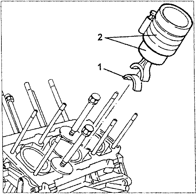 Connecting rod-piston assembly being inserted into bank cylinder liner
