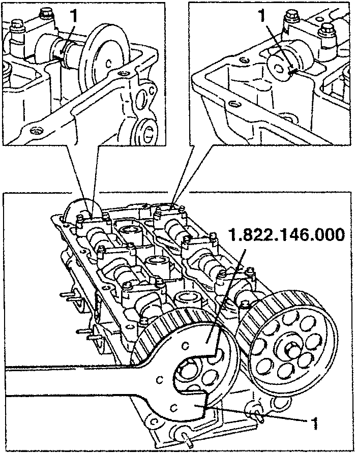 Diagram showing camshaft drive pulleys and tool 1.822.146.000 in use