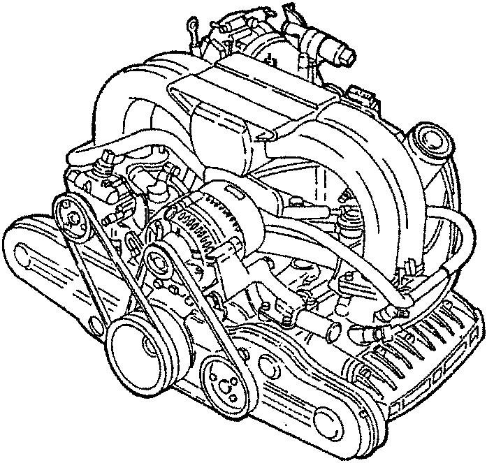 Engine assembly diagram showing belt-driven components and power unit