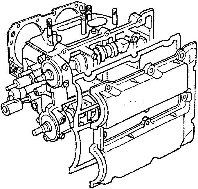 Engine block with camshafts and valve train