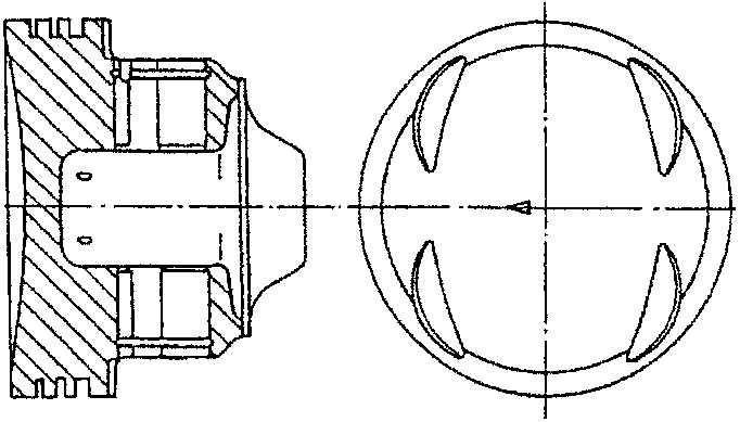 Piston crown with four notches and side view of piston gudgeon pin