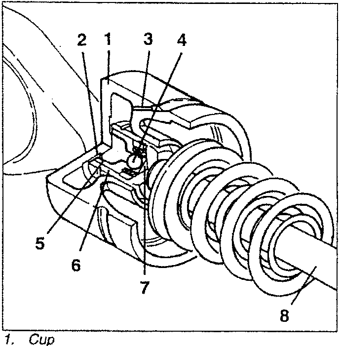 Engine section showing oil circulation, check valve, piston, cylinder, pressure chamber and valve stem