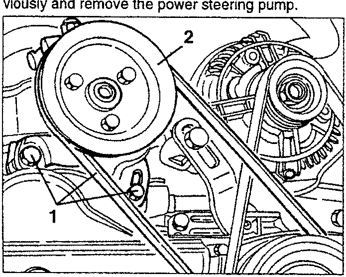 Power steering pump removal diagram showing pulley, belt, and bolts