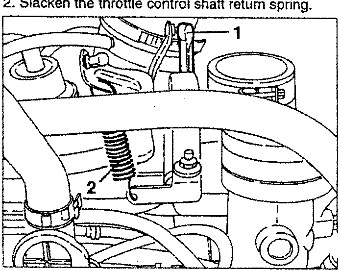 Throttle control shaft removal diagram showing tie rods and return spring