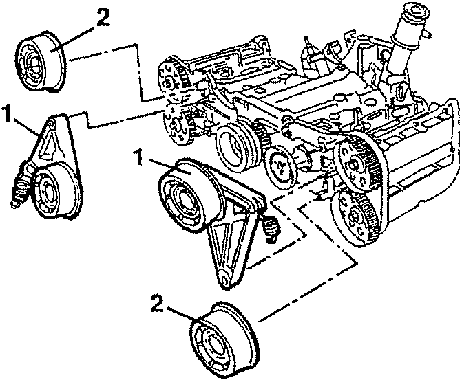 Engine diagram showing belt tensioner and pulleys