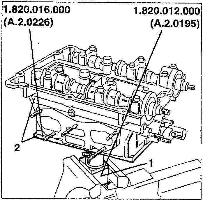Illustration showing a cylinder head being secured with tools 1.820.016.000 (A.2.0226) and 1.820.012.000 (A.2.0195).
