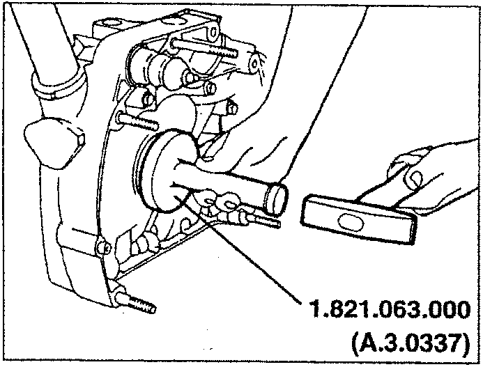 Illustration showing a hand using tool 1.821.063.000 (A.3.0337) to insert an oil seal into a mechanical component.