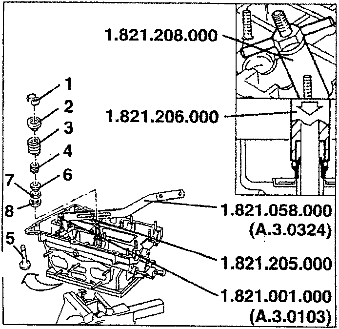 Valve assembly with tools 1.821.208.000, 1.821.206.000, 1.821.058.000 (A.3.0324), 1.821.205.000, and 1.821.001.000 (A.3.0103)