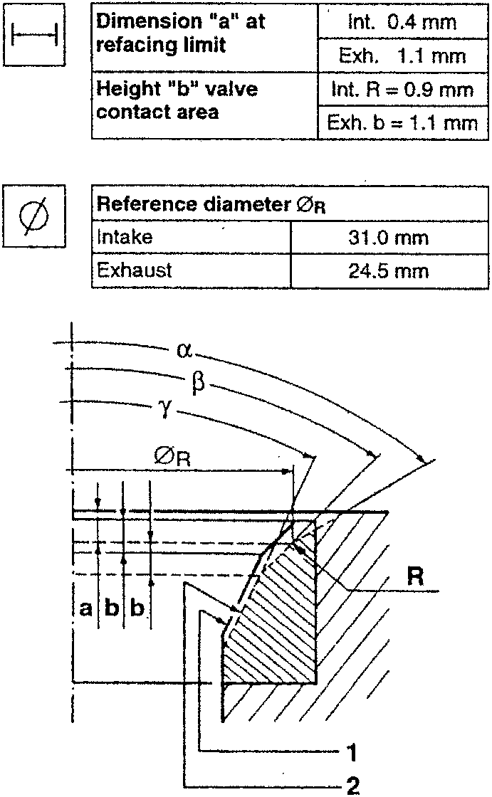 Valve contact area and reference diameter specifications for intake and exhaust valves