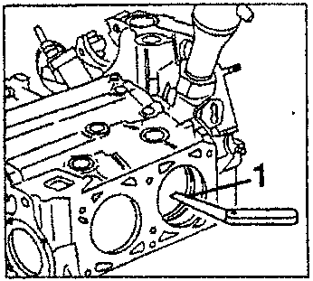 Illustration showing a piston with rings being inserted into a cylinder liner, with part number 1 pointing to the piston.