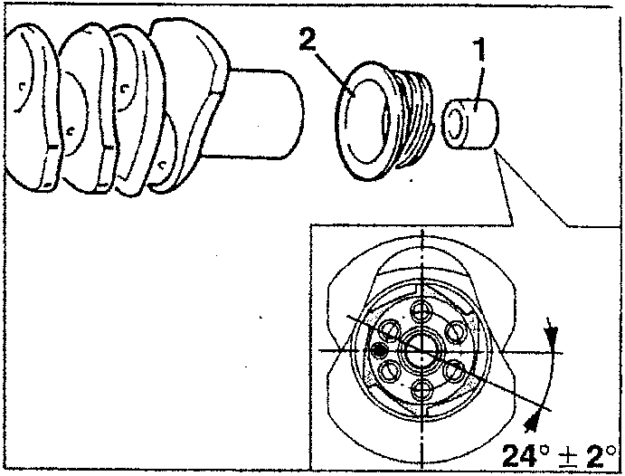 Main bearing cap assembly with bolts labeled A, B, C...N; angle indicator showing 24° ± 2°
