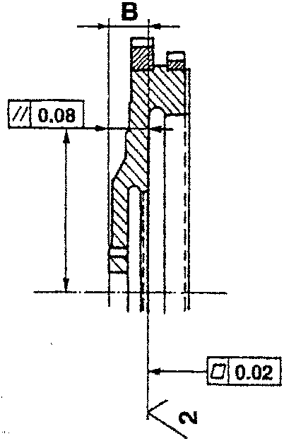 Flywheel ring gear dimensions: B ≥ 21.15 mm; tolerance values 0.08mm and 0.02mm