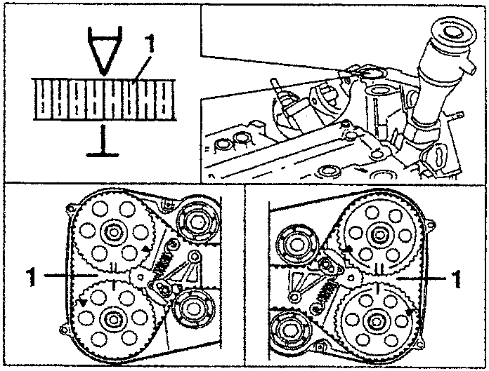 Engine timing check diagram showing flywheel with index mark and pulleys with alignment marks