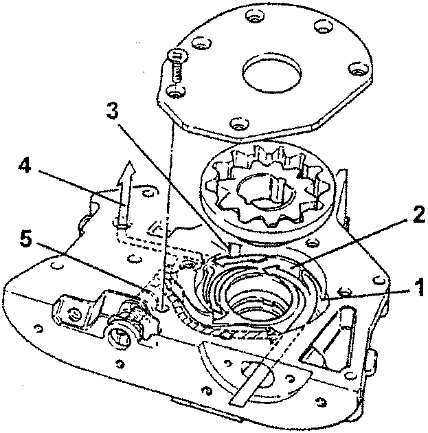 Oil pump assembly diagram showing labeled parts 1, 2, 3, 4, and 5.