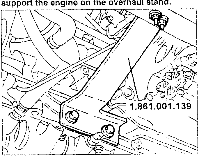 Engine positioned on stand with tool 1.861.001.139 supporting it