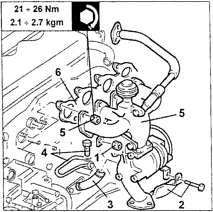 Engine components with labeled parts 1 to 6, showing connections and bolts