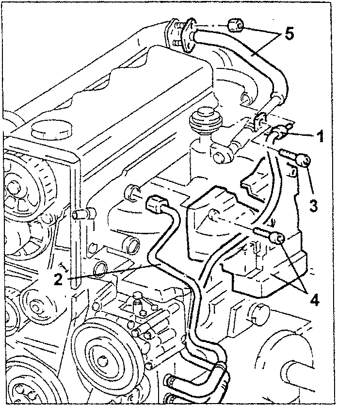 Engine components with labeled parts 1, 2, 3, 4, and 5 showing pipes and bolts