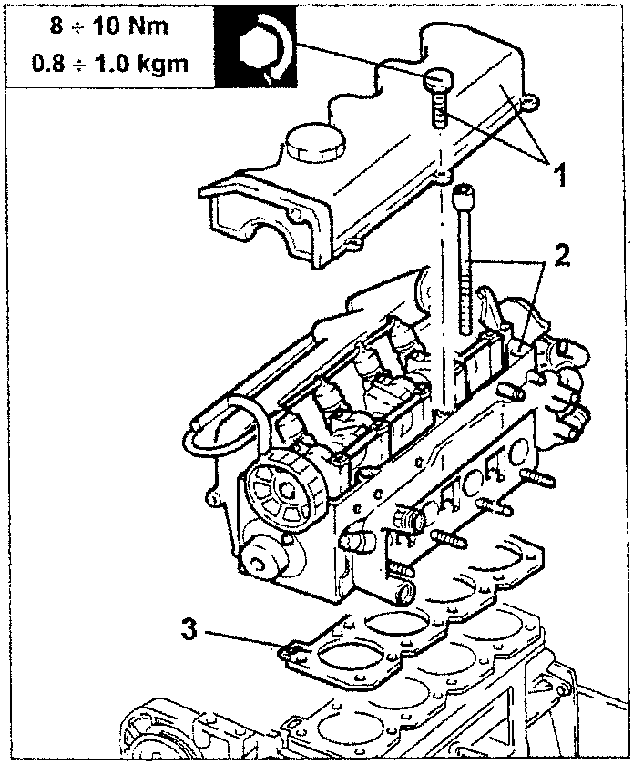 Cylinder head components 1, 2, and 3 shown in disassembled state