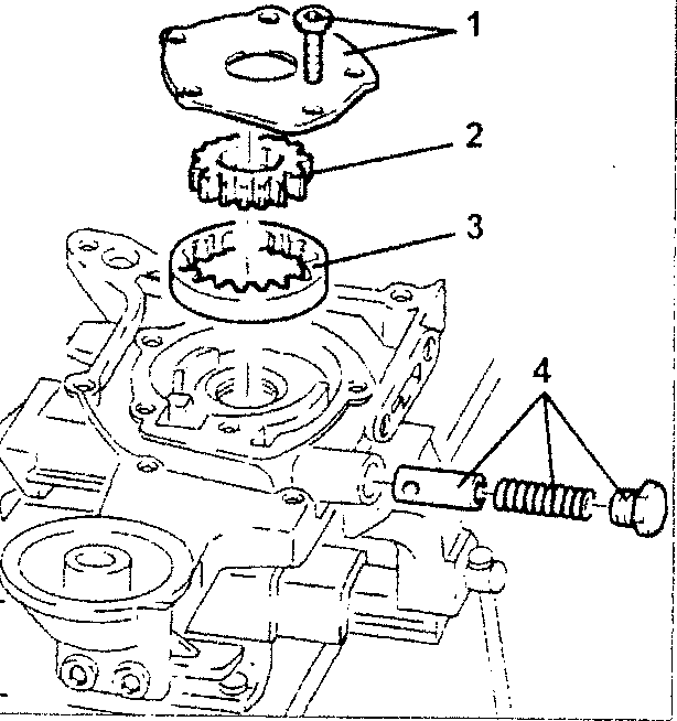 Oil pump disassembled with labeled parts 1, 2, 3, and 4