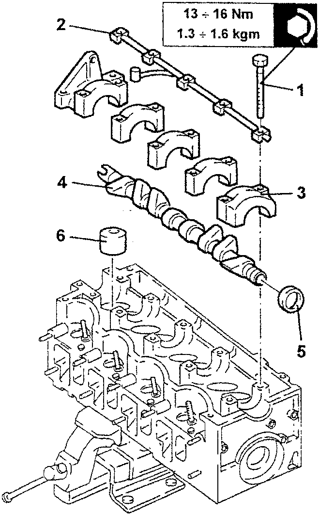 Camshaft removal diagram showing components 1 to 6
