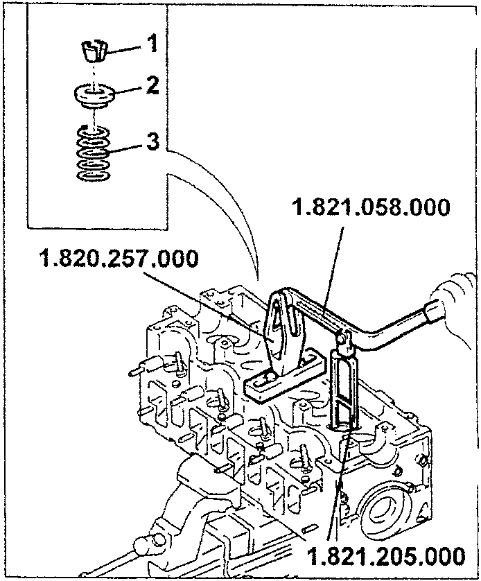 Valve spring removal with tools 1.820.257.000, 1.821.058.000 and 1.821.205.000