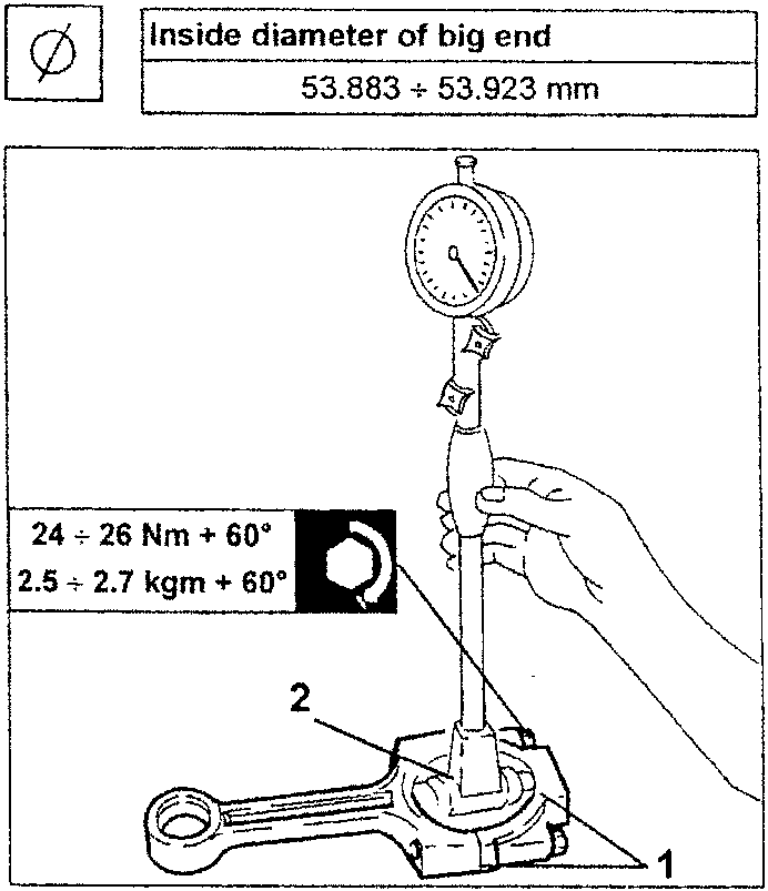 Connecting rod being measured with a dial gauge