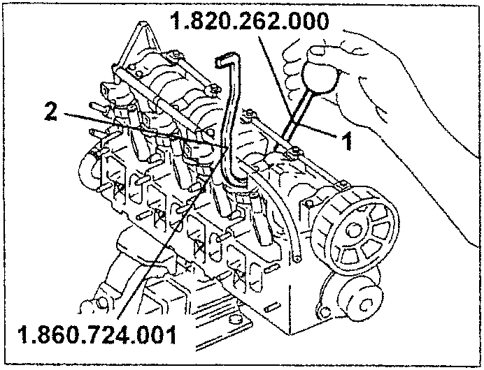 Diagram showing hand using tool 1.820.262.000 to lower a tappet, and tool 1.860.724.001 holding it down.
