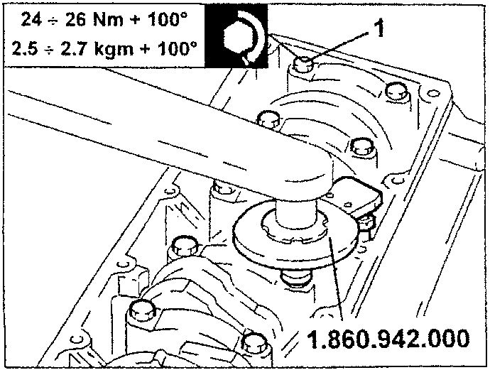 Diagram showing a wrench applying torque to a bolt on a crankshaft, with torque specifications 24 ÷ 26 Nm + 100° and 2.5 ÷ 2.7 kgm + 100° printed next to it.