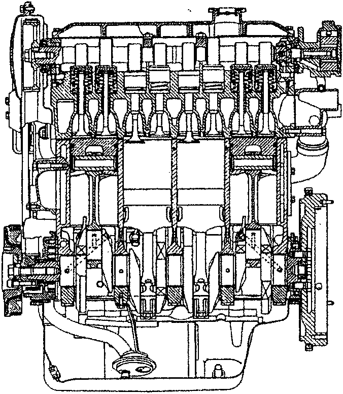 Cross-section view of the engine showing internal components including cylinders, pistons, valves, and crankshaft assembly.
