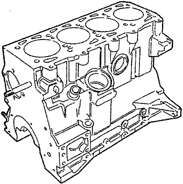 Isometric view of the engine block showing cylinder bores, mounting points, and internal passages.
