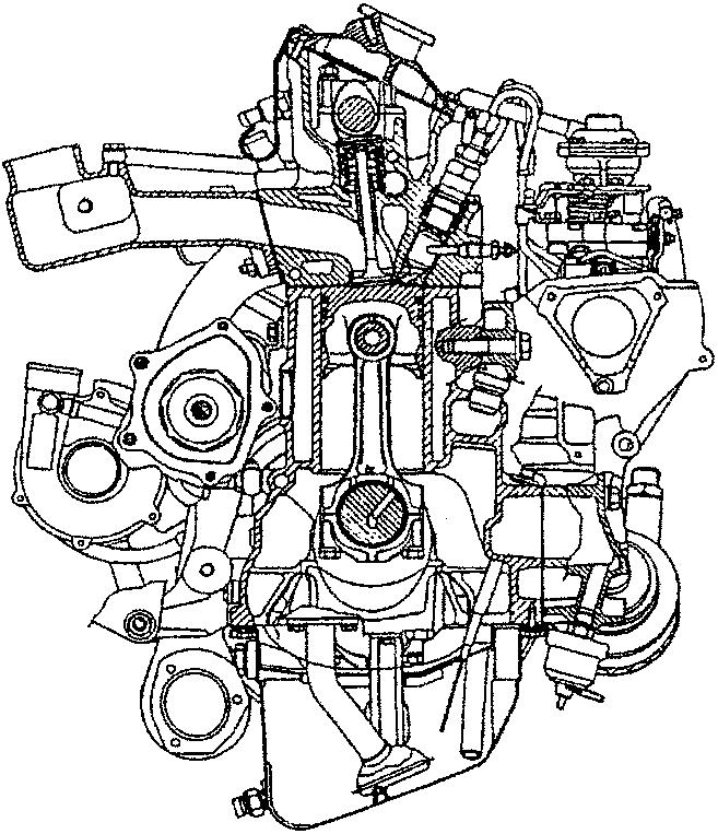 Engine internal components cross-section diagram for repair reference