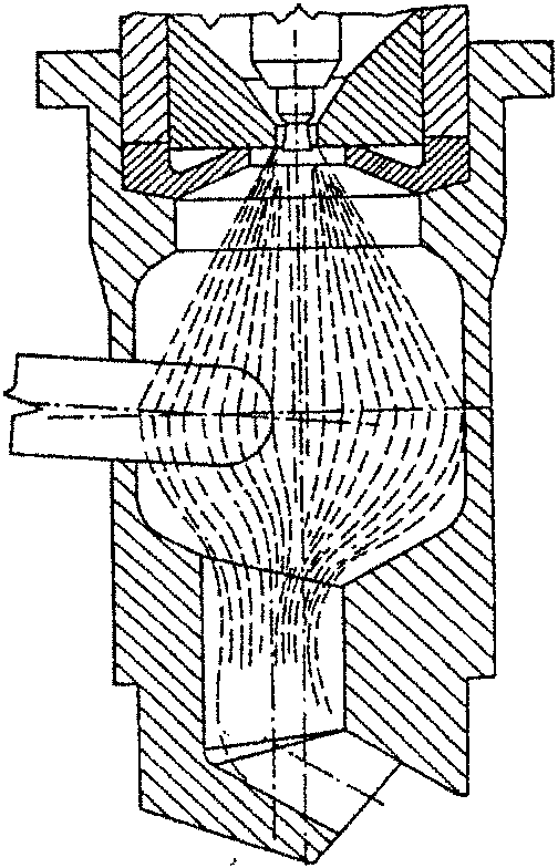 Precombustion chamber showing fuel injection and flame propagation.