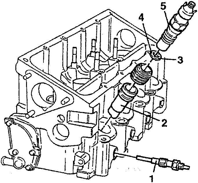 Cylinder head assembly with labeled parts: heater plugs, precombustion chamber with washer, bushing securing precombustion chamber in cylinder head, engine compression elastic sealing washer, injector.