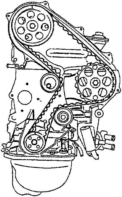 Engine timing diagram showing drive belt and camshafts.