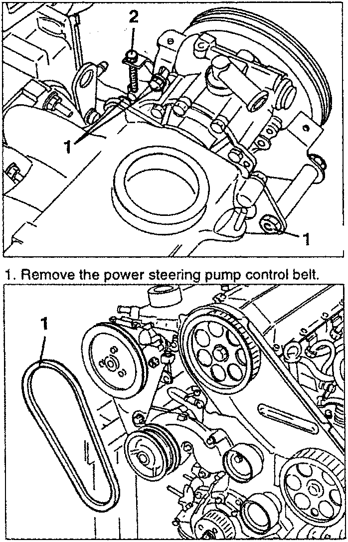 Close-up diagram showing loosening of power steering pump fastening screws and adjusting tension via micrometric stretcher