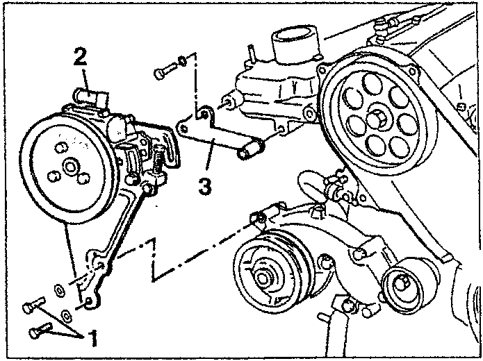 Diagram showing unscrewing of power steering pump screws and removal of pump with front bracket