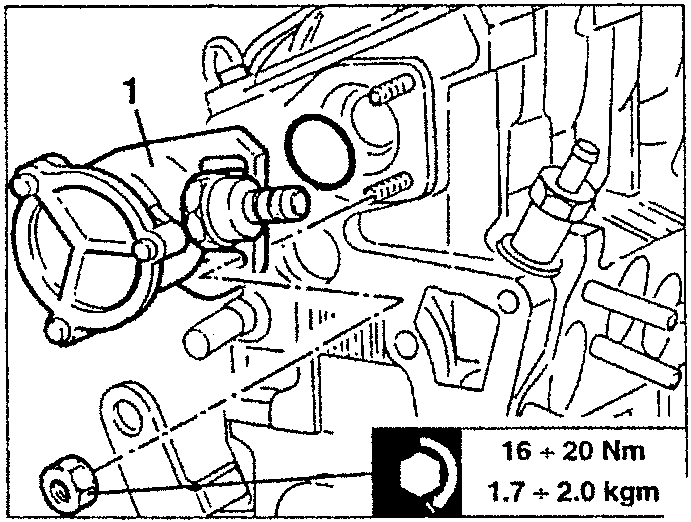 Diagram showing removal of servobrake vacuum pump with torque specification 16 + 20 Nm / 1.7 + 2.0 kgm