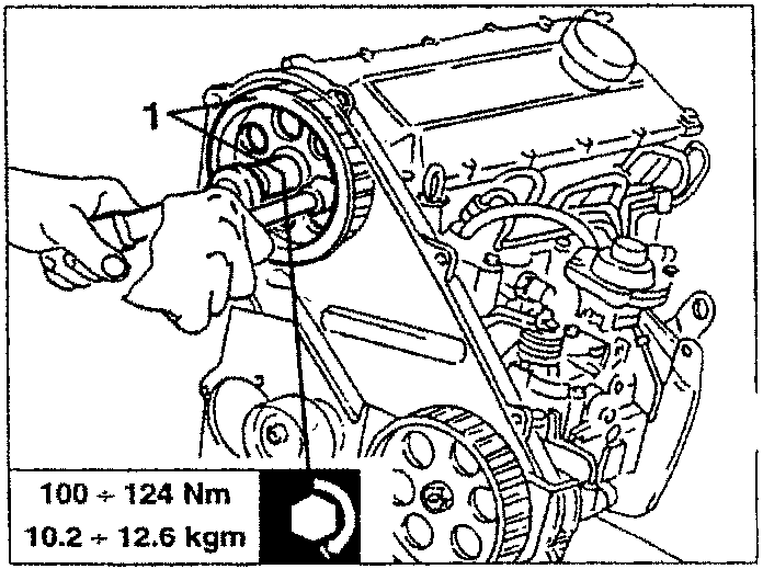 Diagram showing removal of timing command pulley with torque specification 100 + 124 Nm / 10.2 + 12.6 kgm